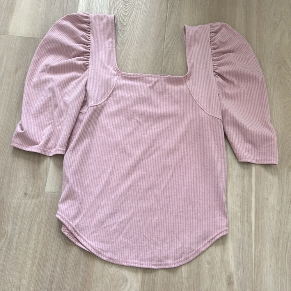 Free People Mauve Pink Ribbed Square Neck Puff Sleeve Top